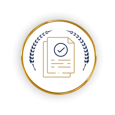 Documents with a check mark, wheat stalks, and gold border.