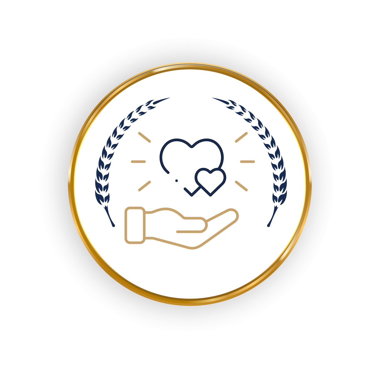 Hand holding two hearts with gold trim and wheat.