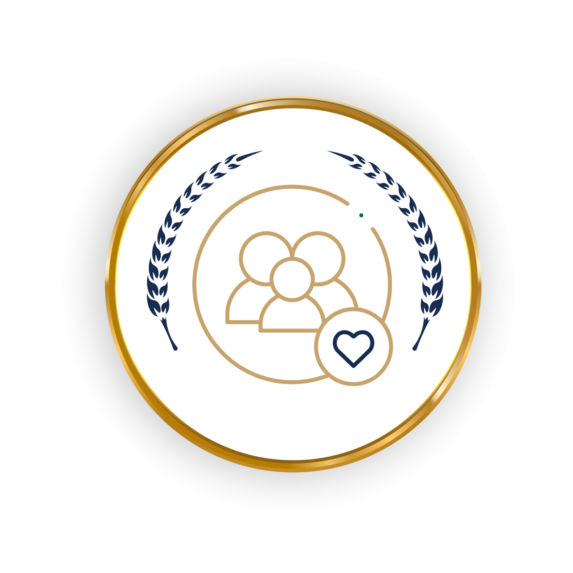 Gold-rimmed badge with three person icon, encircled, with a heart and wheat stalks.