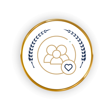 Gold-rimmed badge with three person icon, encircled, with a heart and wheat stalks.