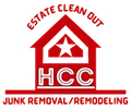 A red house logo with a white star and the text "ESTATE CLEAN OUT" and "HCC JUNK REMOVAL/REMODELING."
