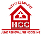 A red house logo with a white star and the text "ESTATE CLEAN OUT" and "HCC JUNK REMOVAL/REMODELING."