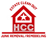 A red house logo with a white star and the text "ESTATE CLEAN OUT" and "HCC JUNK REMOVAL/REMODELING."
