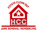 A red house logo with a white star and the text "ESTATE CLEAN OUT" and "HCC JUNK REMOVAL/REMODELING."