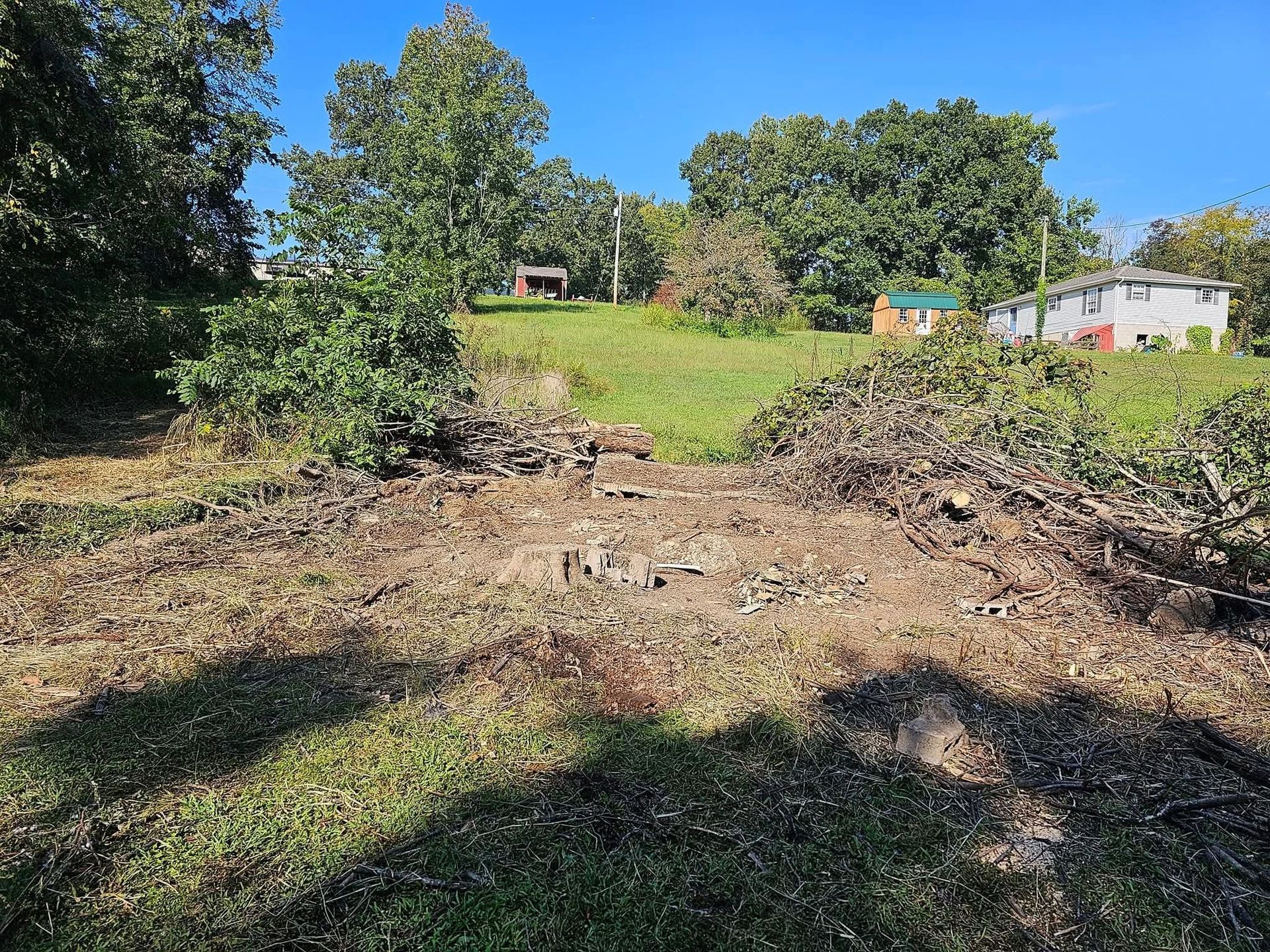 A cleared, patchy dirt area leads up a grassy hillside toward scattered trees and two small houses under a blue sky.