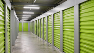 Rows of storage units with blue doors in a bright interior hallway.