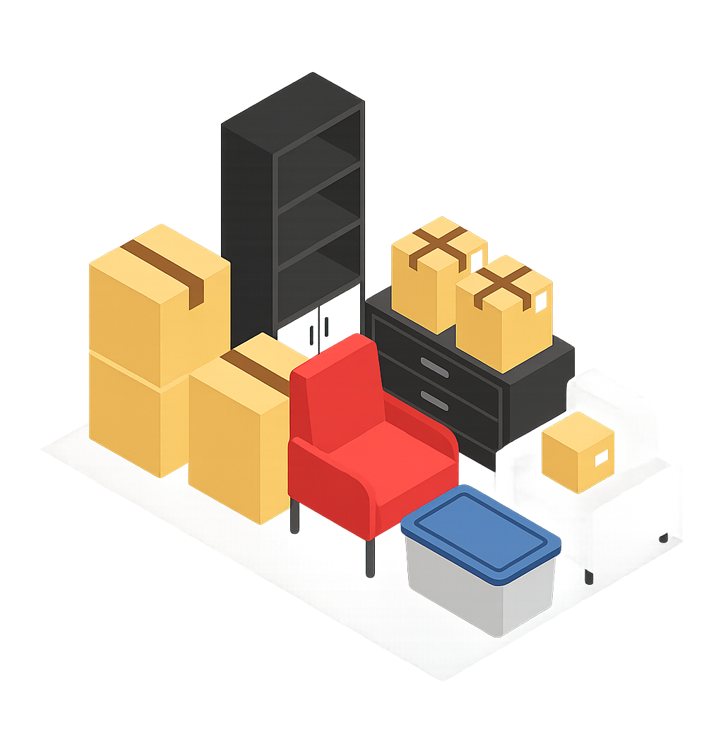 Moving boxes, furniture, and storage bin in an empty room, isometric perspective.
