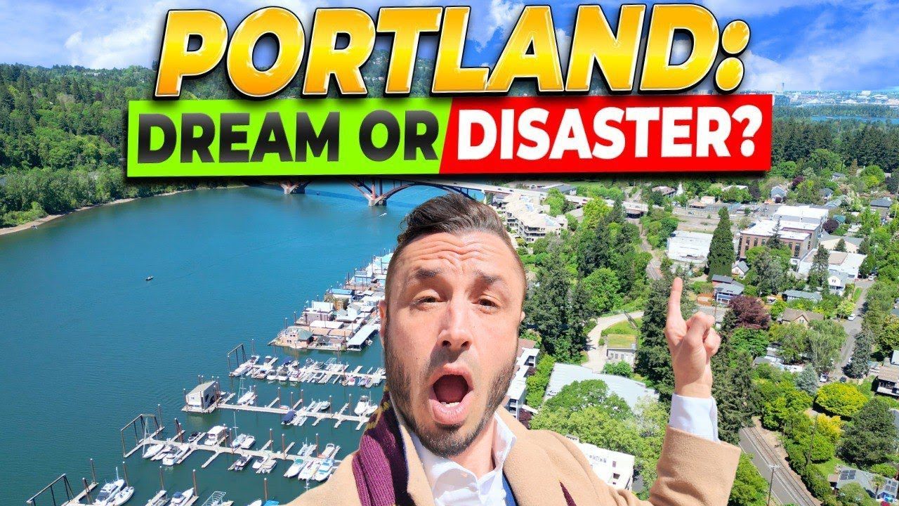 Man with open mouth pointing at a waterfront in Portland, Oregon. Title: 