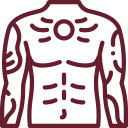 A line drawing of a man 's torso with tattoos on his arms and chest.