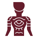A line drawing of a man 's torso with tattoos on his arms and chest.
