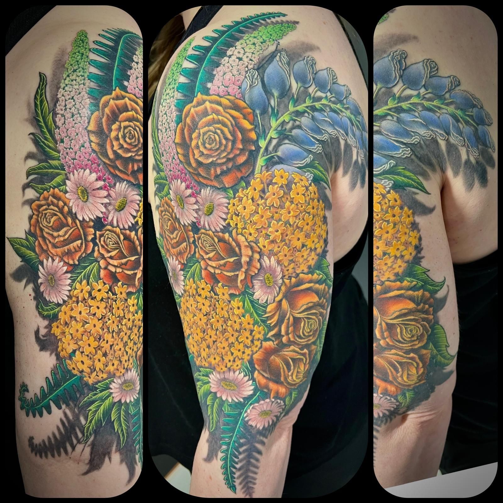 A woman has a tattoo of flowers on her arm