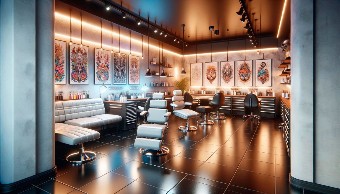 An artist 's impression of a tattoo studio with a lot of chairs and tables.