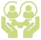 Two figures inside circles, hands holding gear, light green.