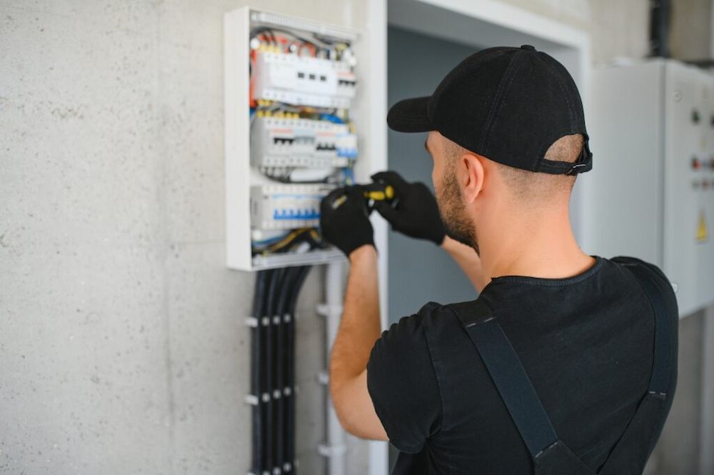 A Man is Working on an Electrical Box on a Wall — Russell Taber Electrical & Solar in Lake Albert, NSW