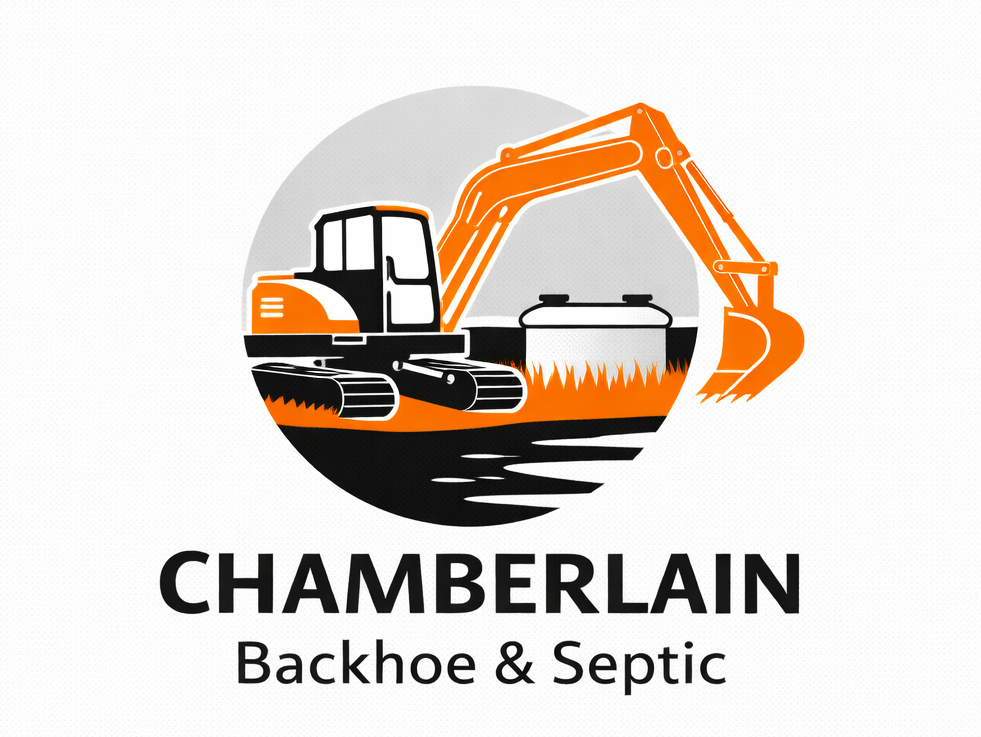 Logo for Chamberlain Backhoe & Septic featuring an orange excavator next to a grey septic tank against a circular background.