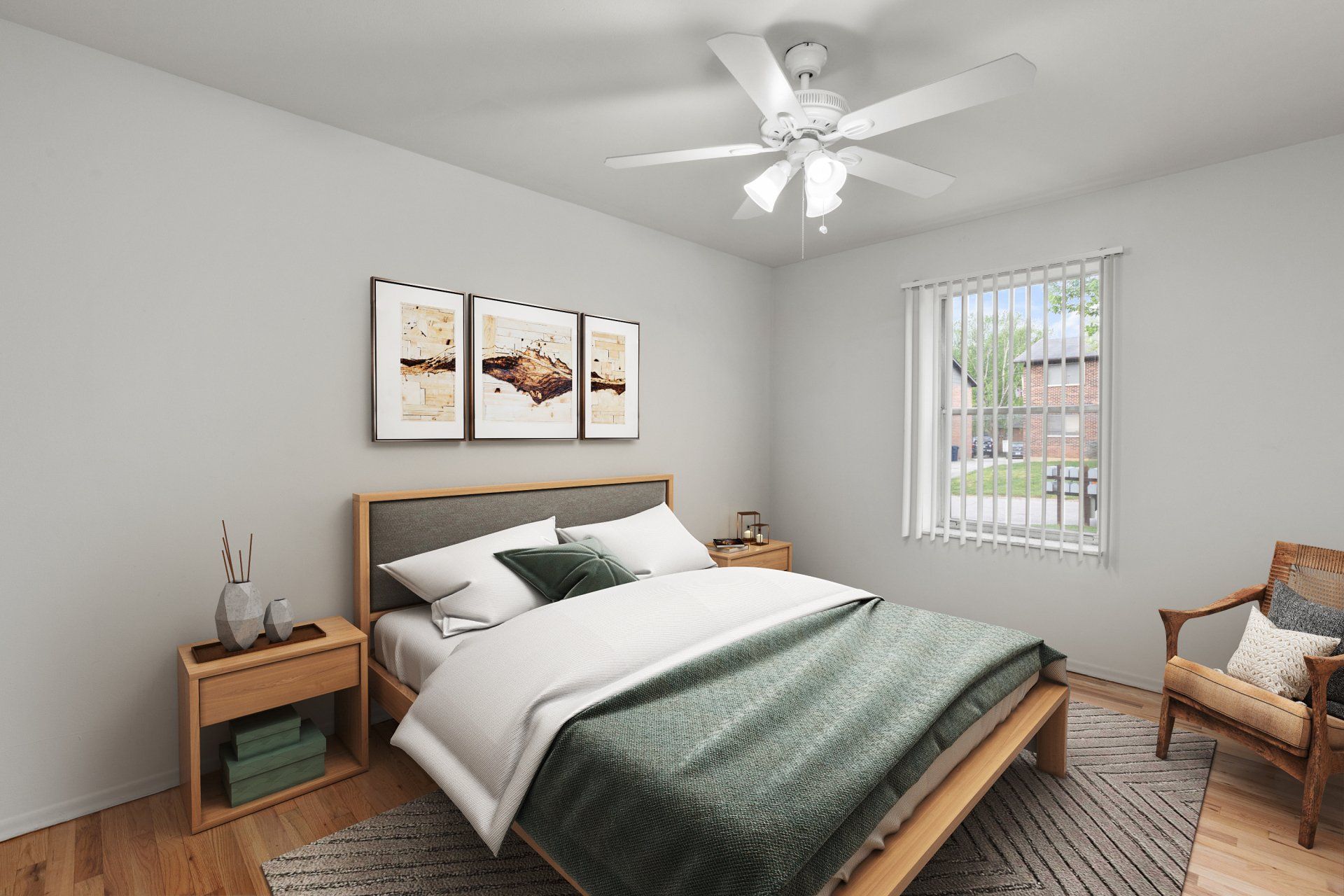 Leslie Apartments bedroom with ceiling fan