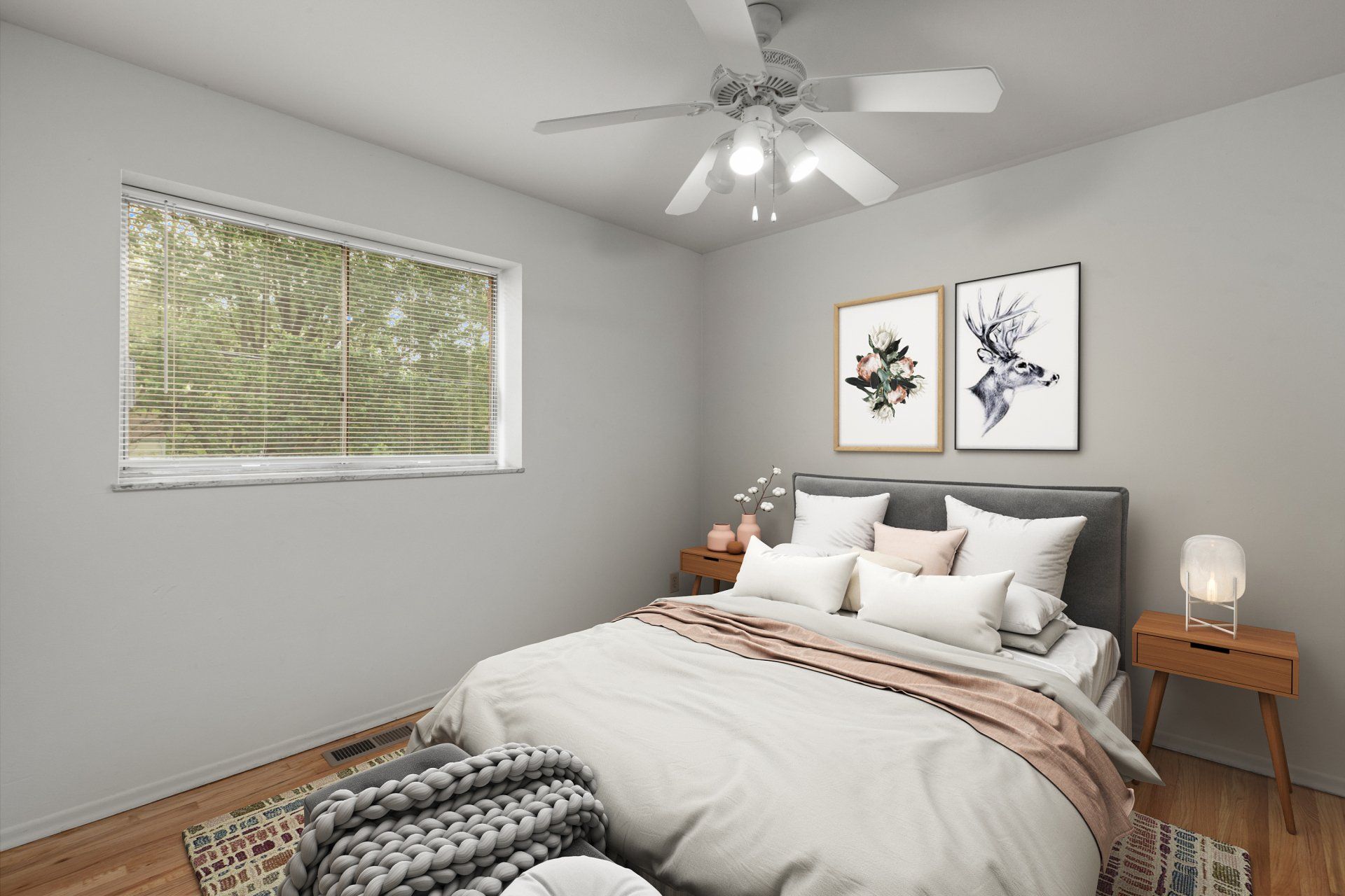 Leslie Apartments bedroom with ceiling fan
