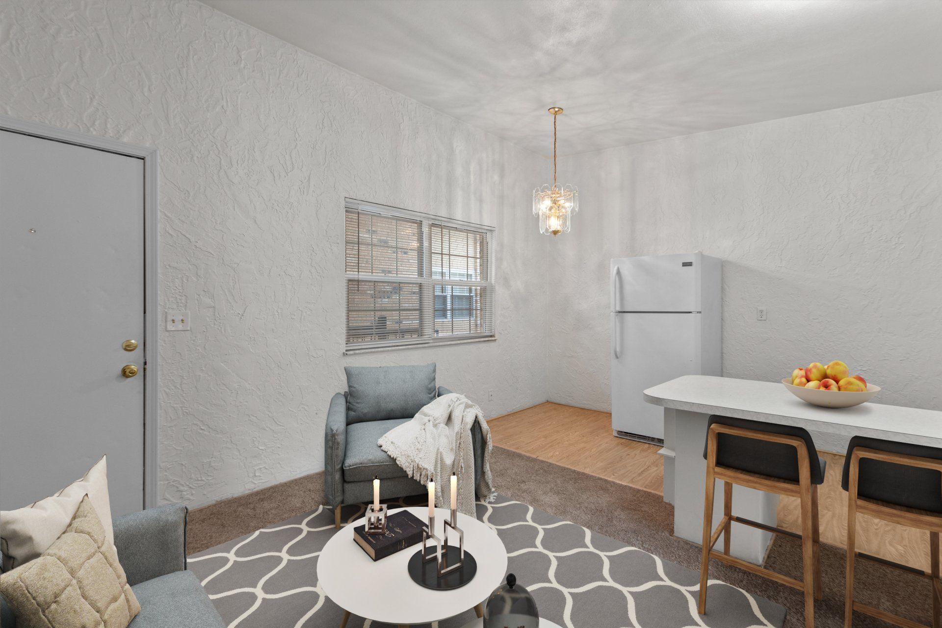 Cunningham living room with view of kitchen