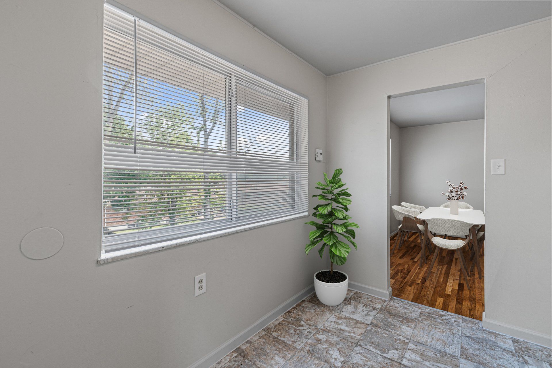 Charbonier Apartments kitchen and view into dining area.