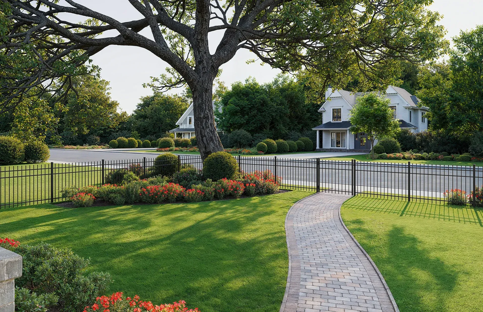 A brick path curves through a grassy yard toward a white house with a black fence and large tree overhead.