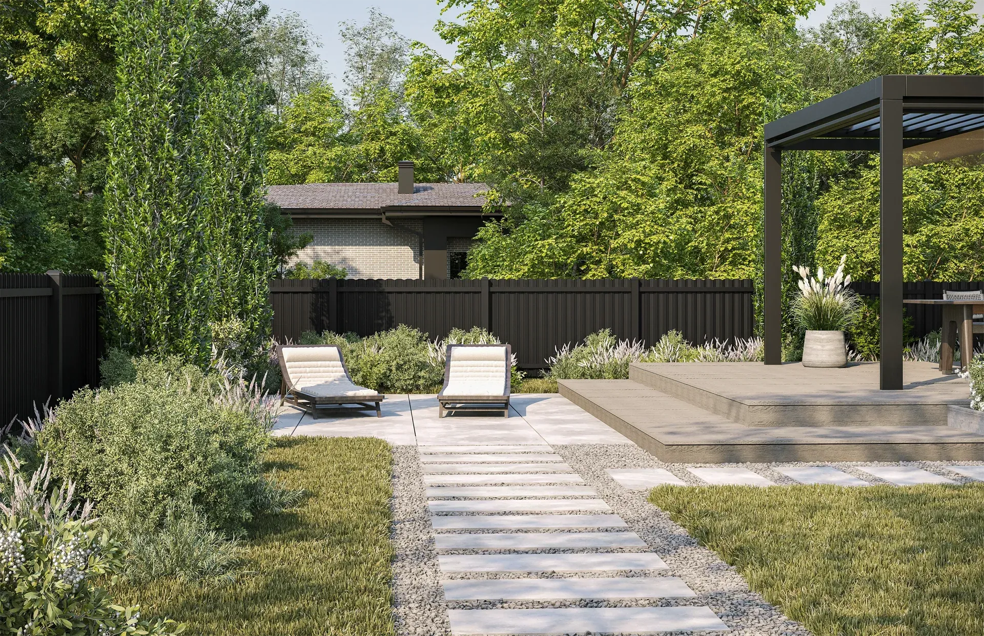Backyard scene with lounge chairs, stone path, wooden deck with pergola, and lush greenery.