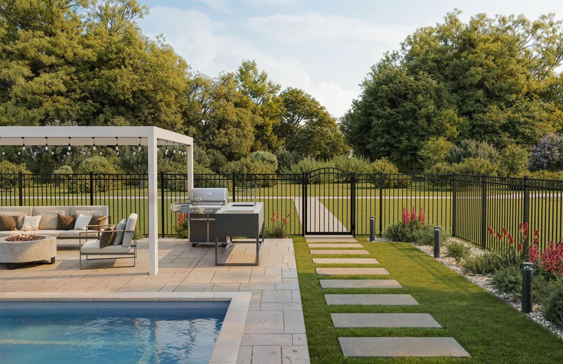 Backyard patio with pool, outdoor kitchen, seating area, and pathway to a gate, lush greenery.