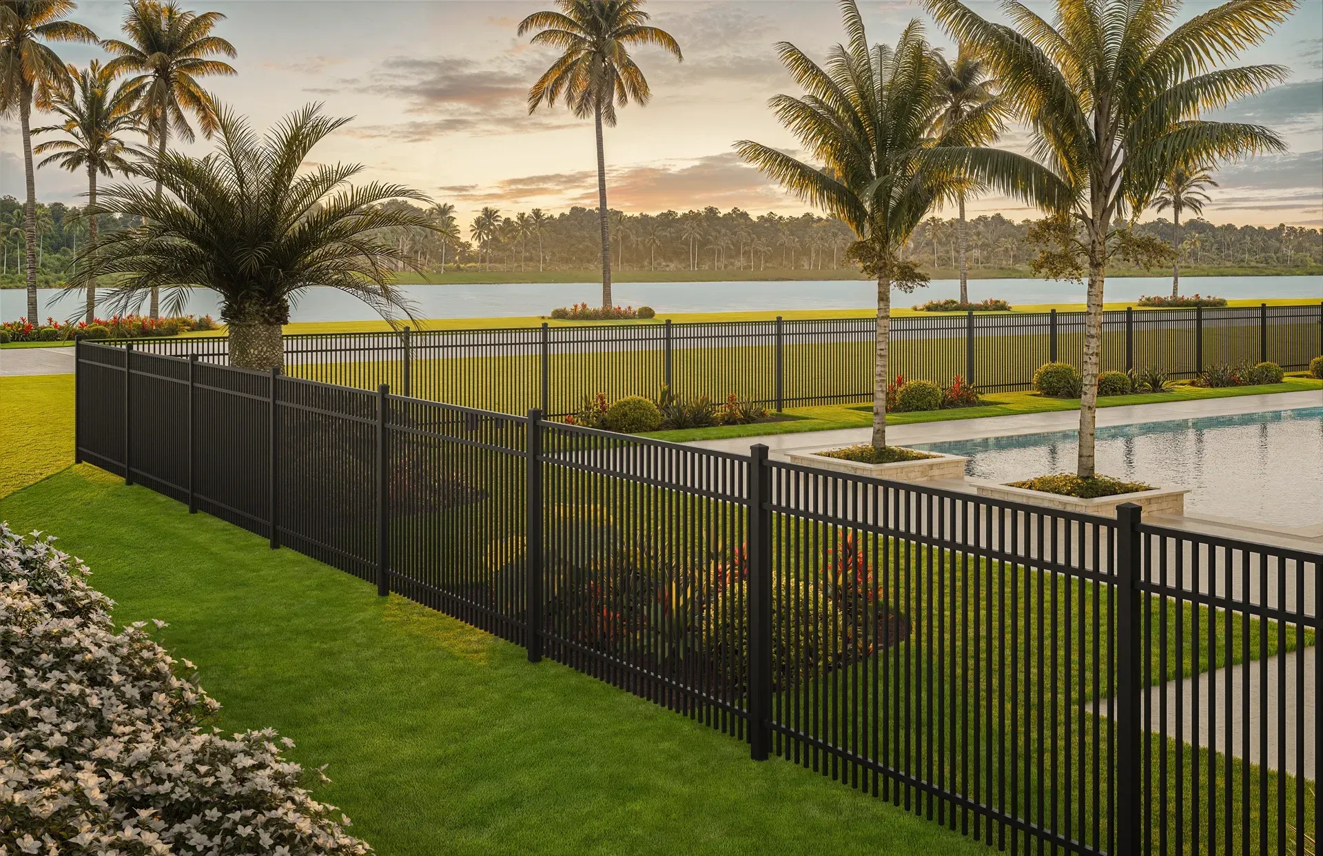 Black metal fence bordering a green lawn and pool, with palm trees and a lake in the background.