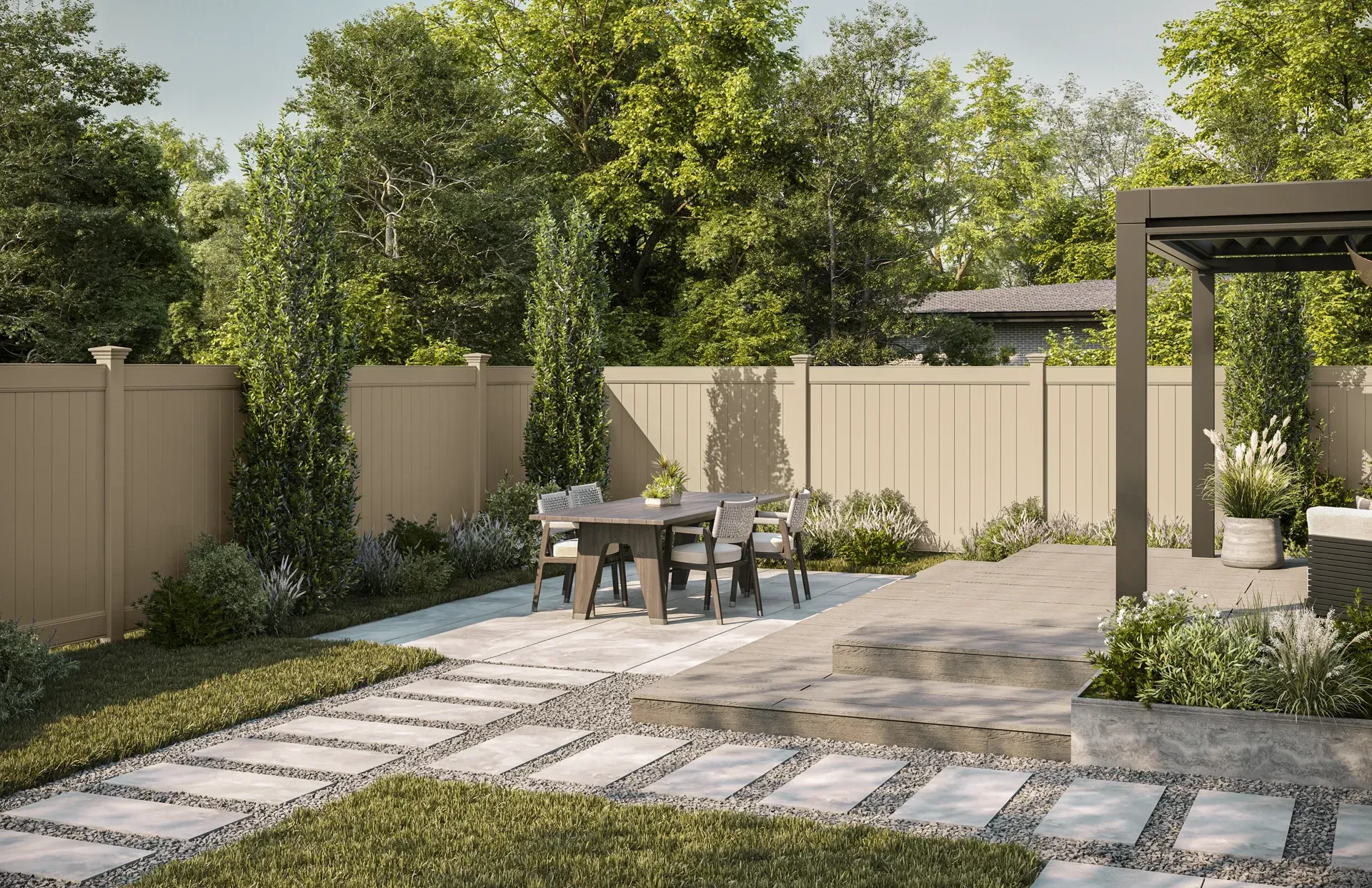 Backyard patio with stone path, dining set, beige fence, and pergola.