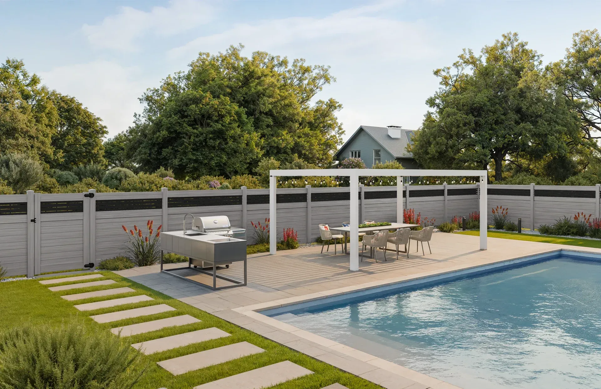Backyard patio with pool, dining set under pergola, grill, fenced area, green grass, and trees.