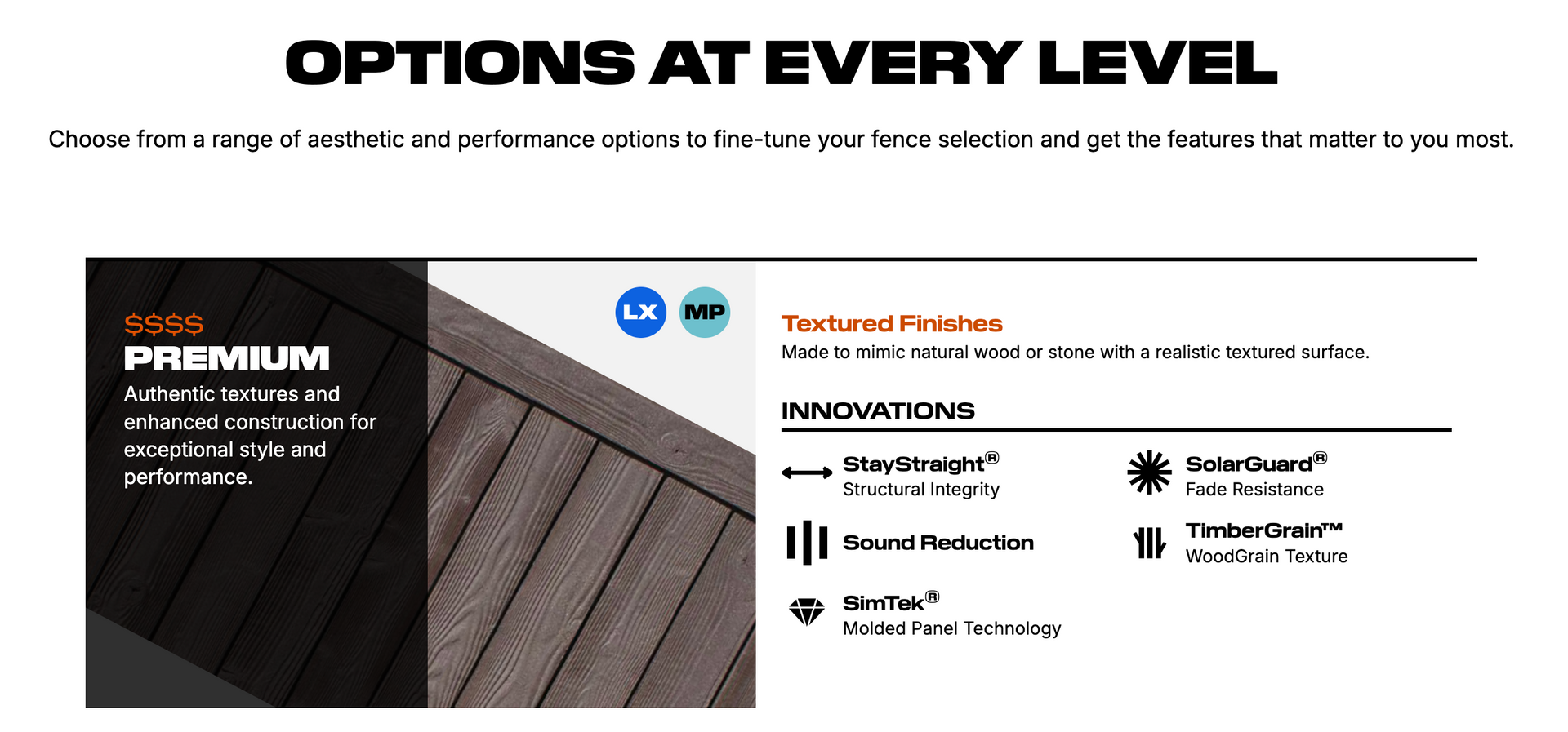 Options for decking at every level. Features include textured finish, fade resistance, and sound reduction.
