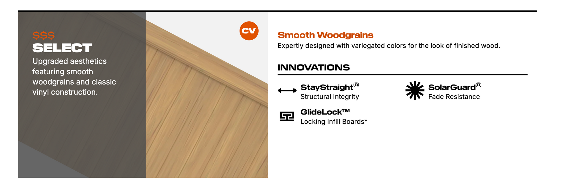 Product details with the word SELECT, showcasing features and innovations of wood products.