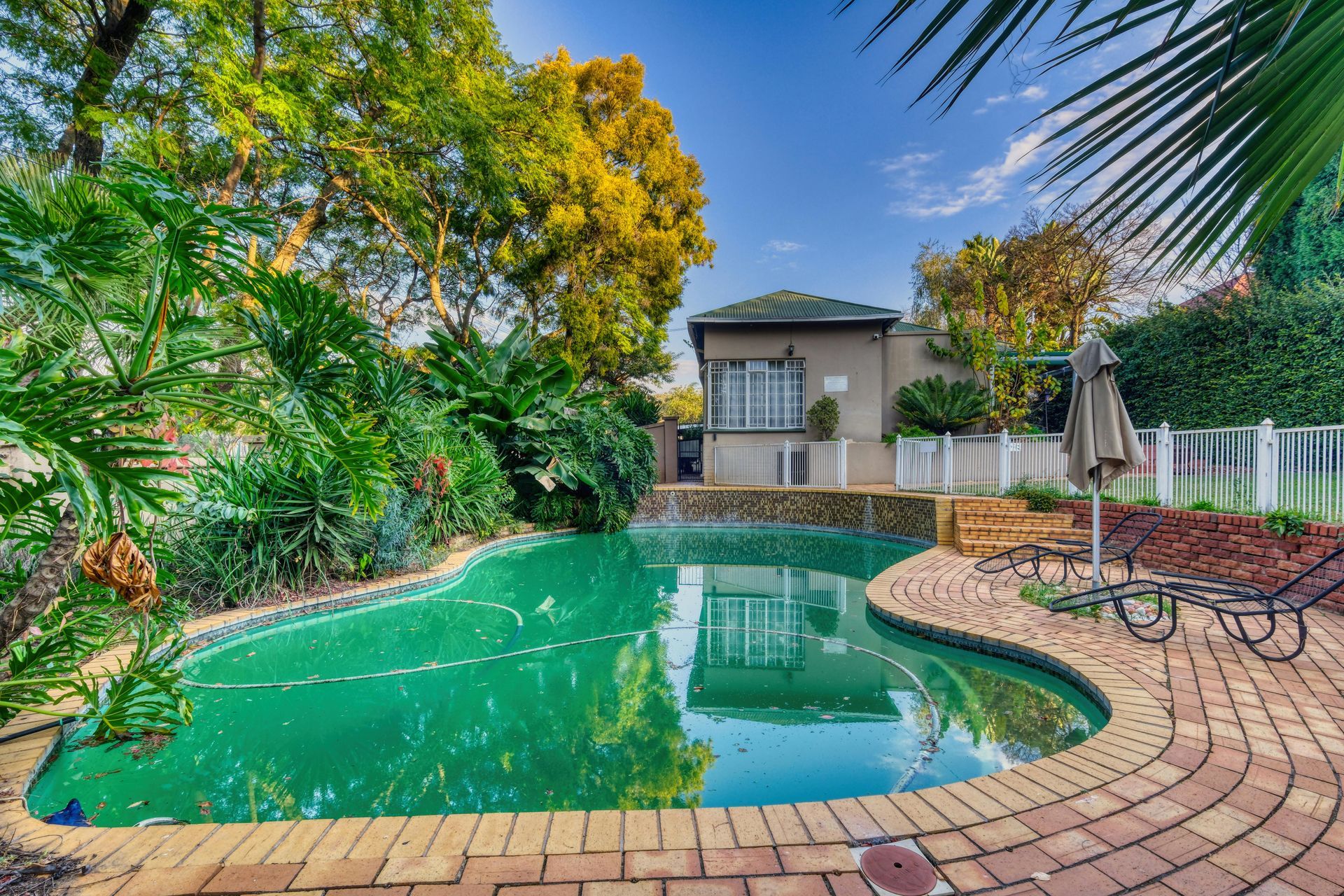 Swimming pool with brick edging and a house in the background, surrounded by lush greenery.