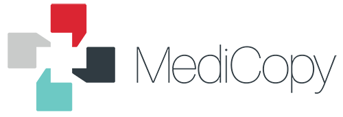 Logo for MediCopy: cross-shaped design with four colored squares (red, teal, gray, and dark gray) and the company name.