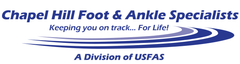 Logo: Chapel Hill Foot & Ankle Specialists; tagline: Keeping you on track... For Life! Blue and gray curved lines.