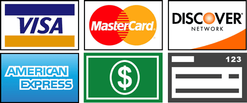We accept cash, check, MasterCard, Visa, American Express, and Discover