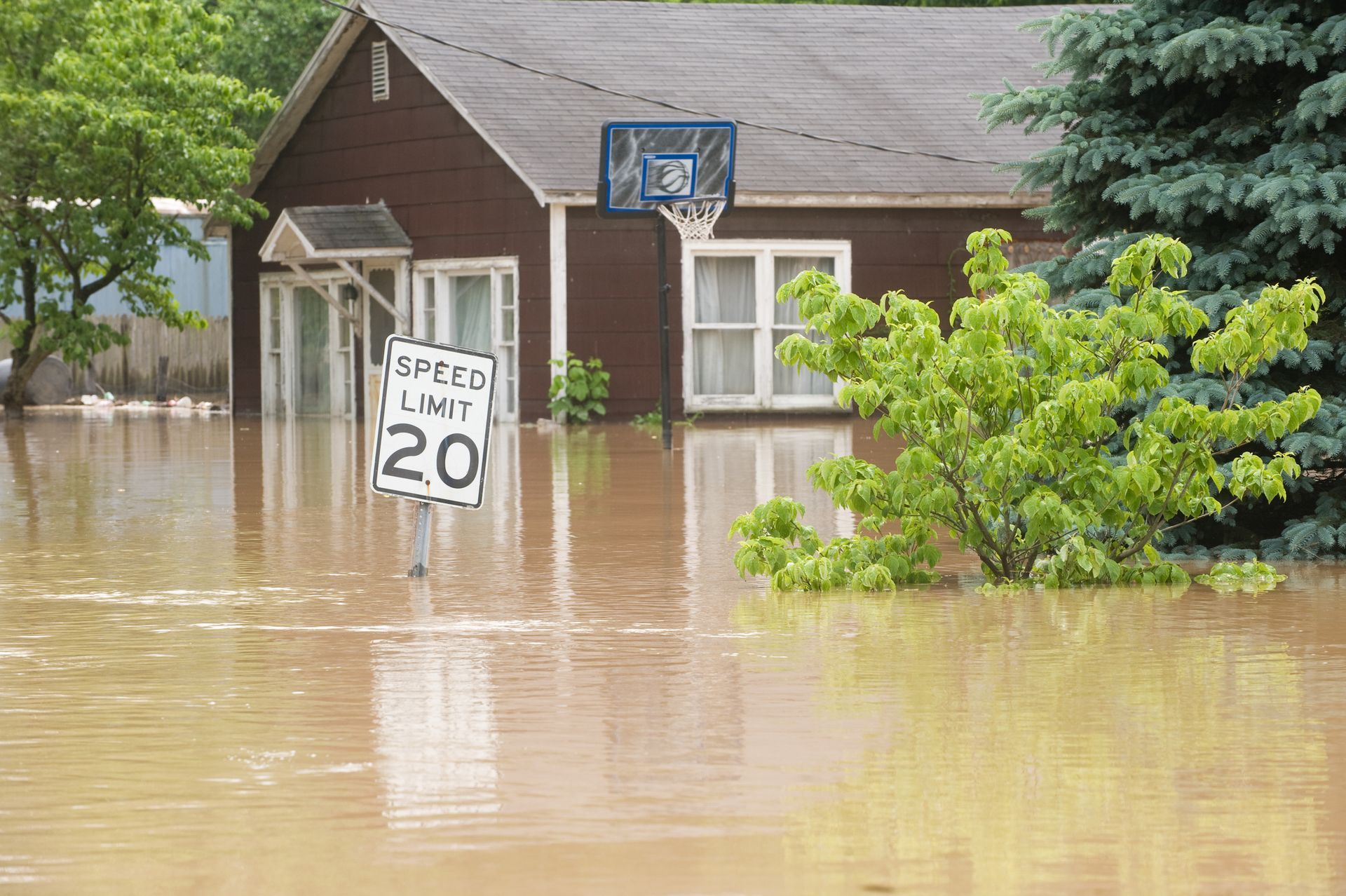 Flooded street with a house and speed limit sign visible. Brown water covers the area.