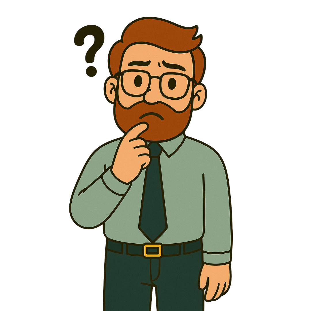Man with beard, glasses, and tie, looking confused, hand on chin, with a question mark above his head.