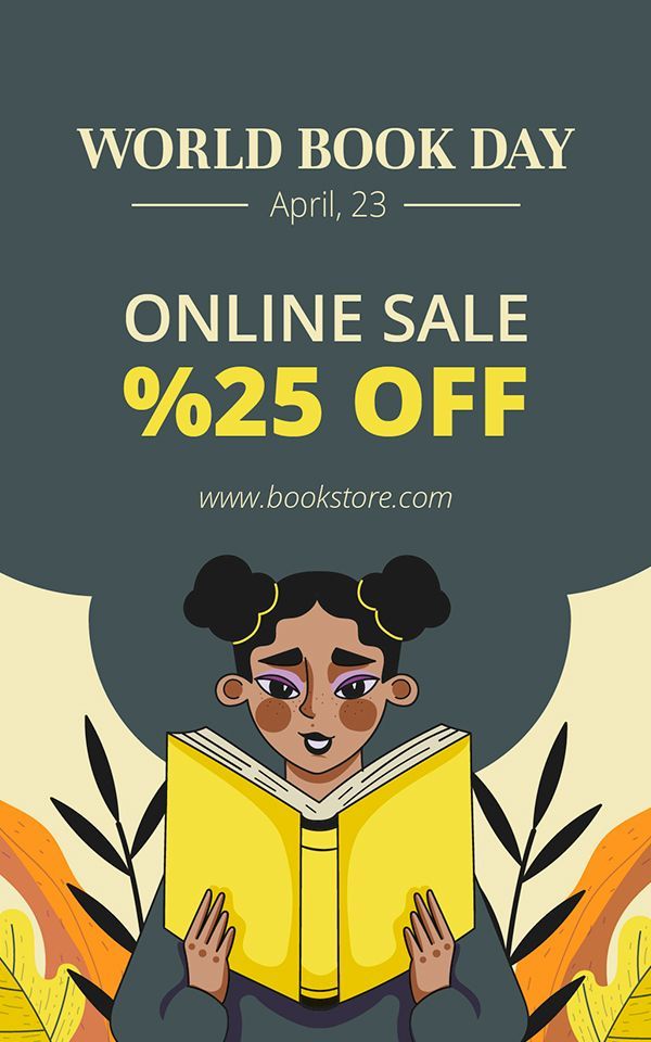 World Book Day sale advertisement featuring an illustration of a person reading a yellow book, offering 25% off online.