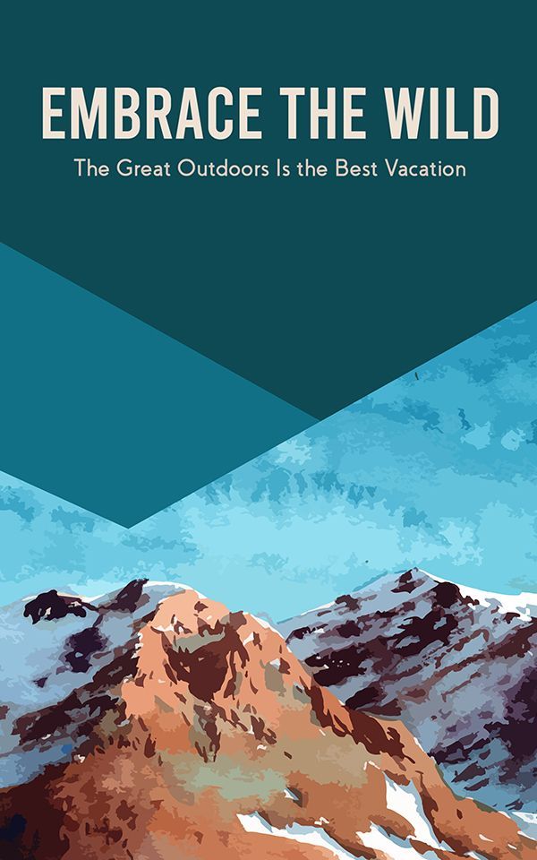 A poster with the text "EMBRACE THE WILD" above snow-capped mountain peaks against a bright blue sky.