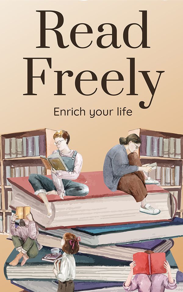 An illustrated poster reads "Read Freely. Enrich your life" above people sitting on large books in a library setting.