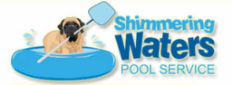 The logo for shimmering waters pool service has a pug on it