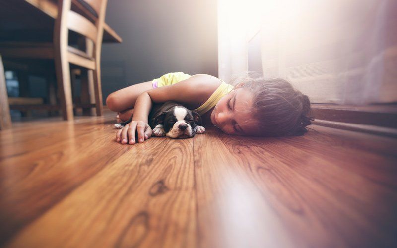child and puppy laying on wood floor