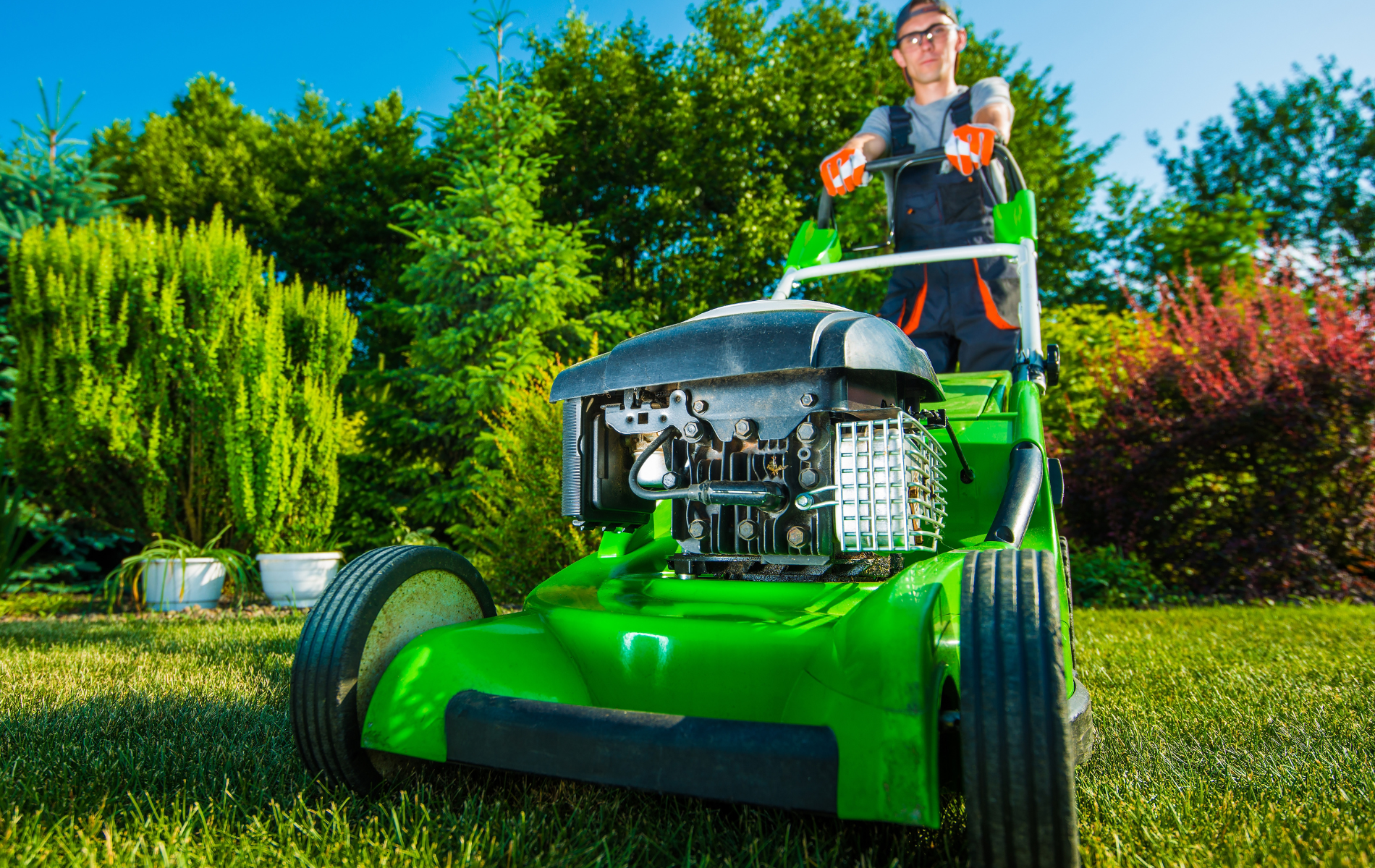 Person operating a green lawn mower in a sunny garden with trees and shrubs