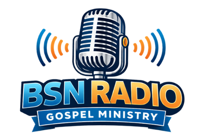 Logo for BSN Radio Gospel Ministry: A microphone atop text 