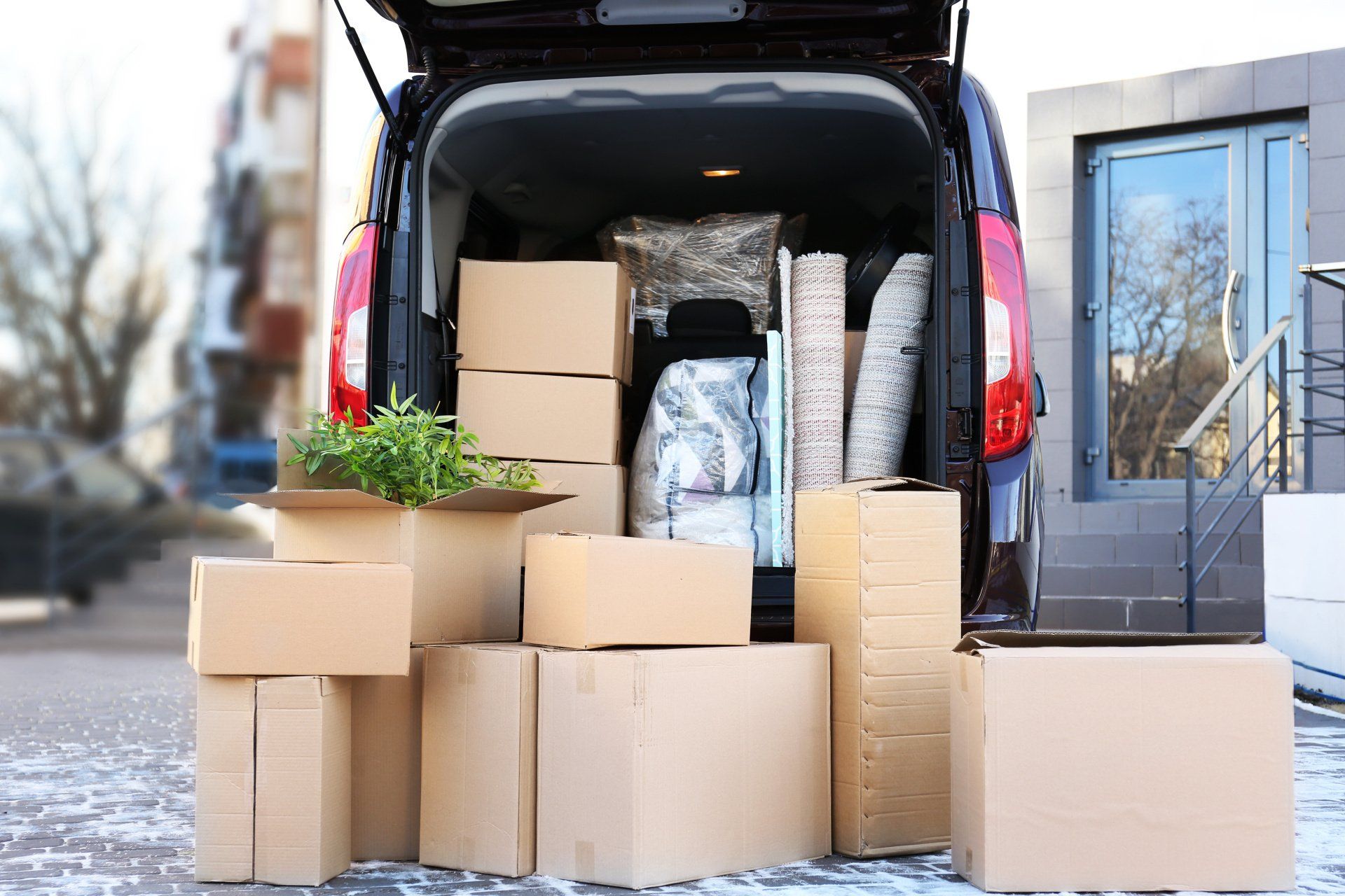 The back of a van is filled with cardboard boxes.