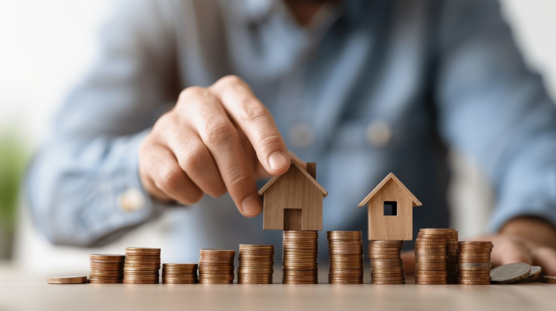 A man is putting a wooden house on top of stacks of coins.