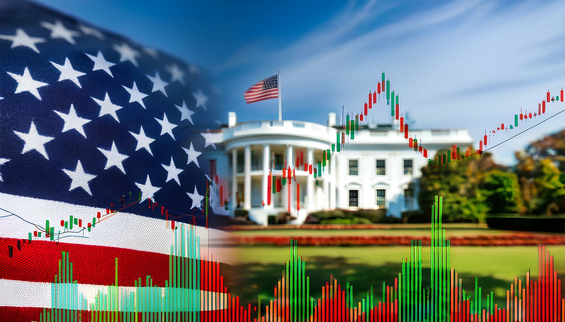 An american flag is flying in front of the white house.