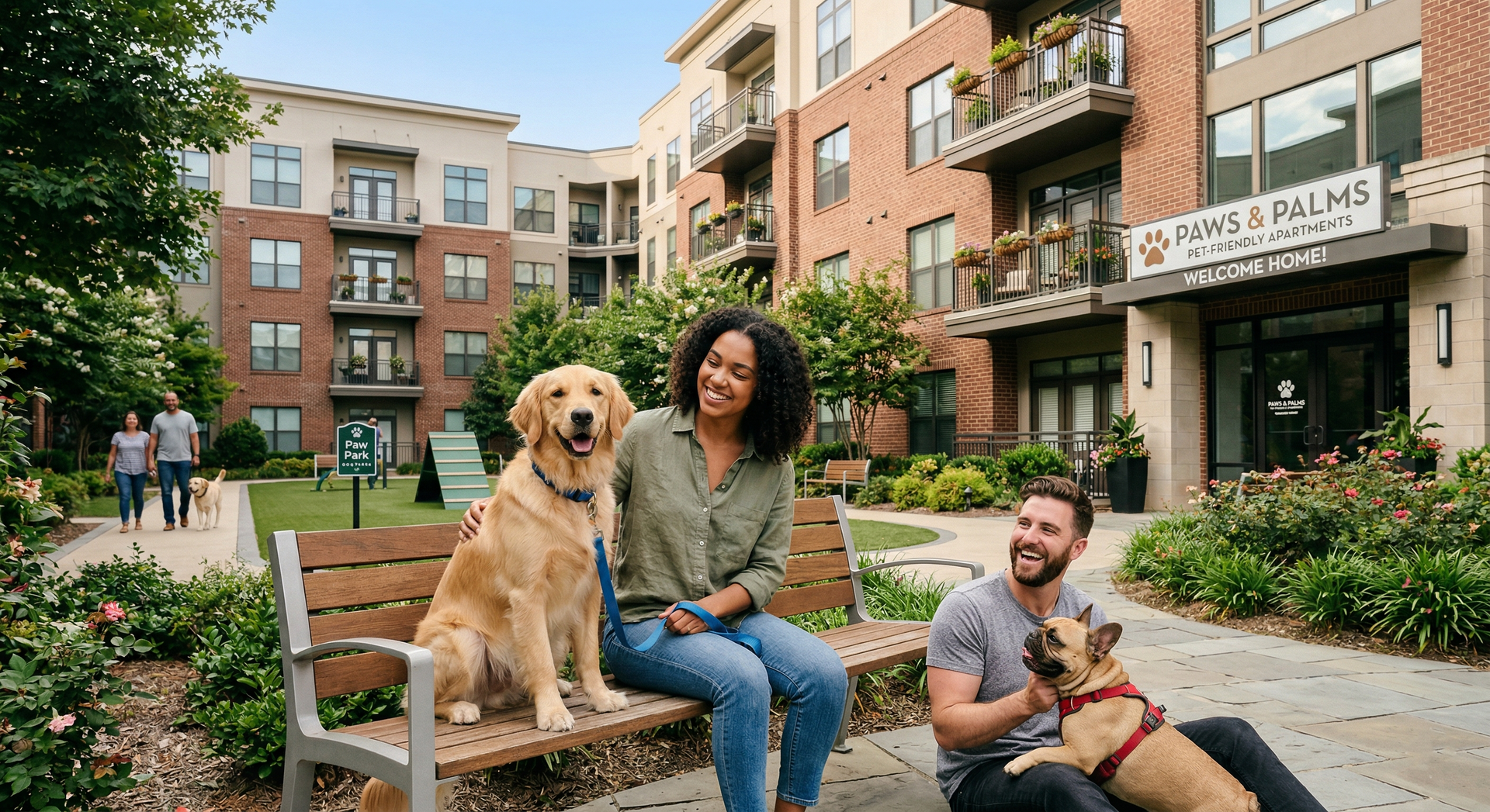 People sitting on a bench with a golden retriever and a French bulldog outside a brick apartment complex.