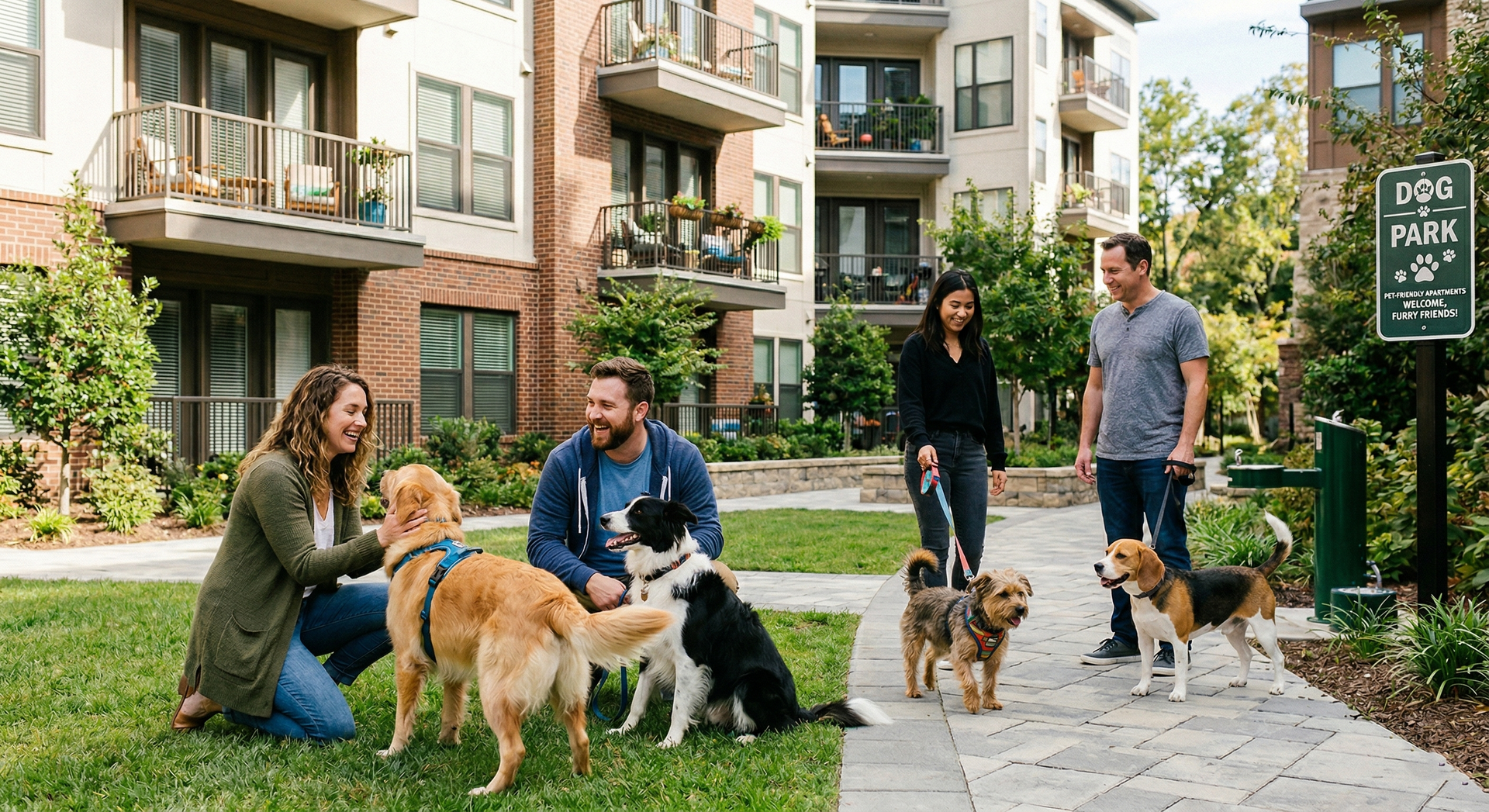People with dogs stand in a grassy courtyard next to an apartment building with a dog park sign.