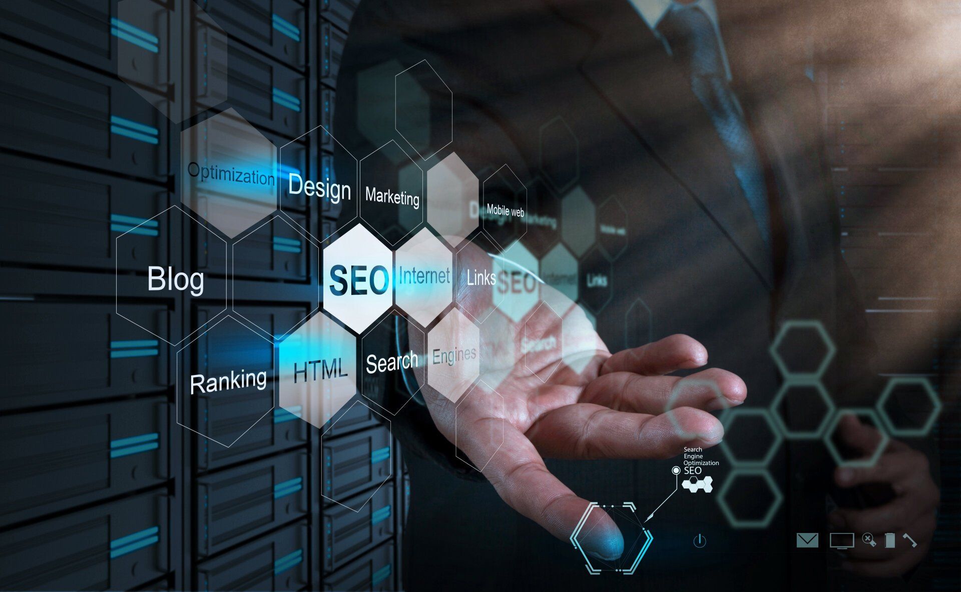 holographic image with a mans finger touching a panel of digital marketing words